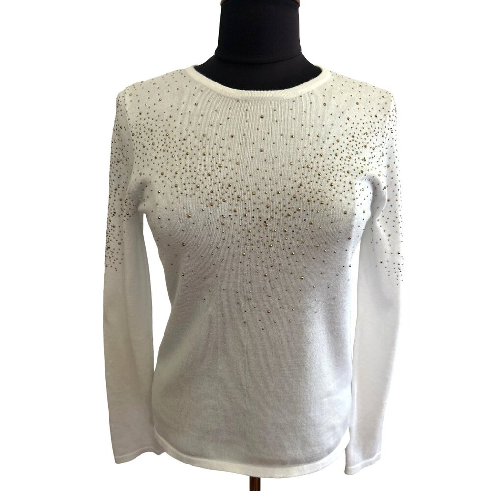Carmen Marc Valvo Long Sleeve Ivory Sweater With Gold Stud Detailing Size M